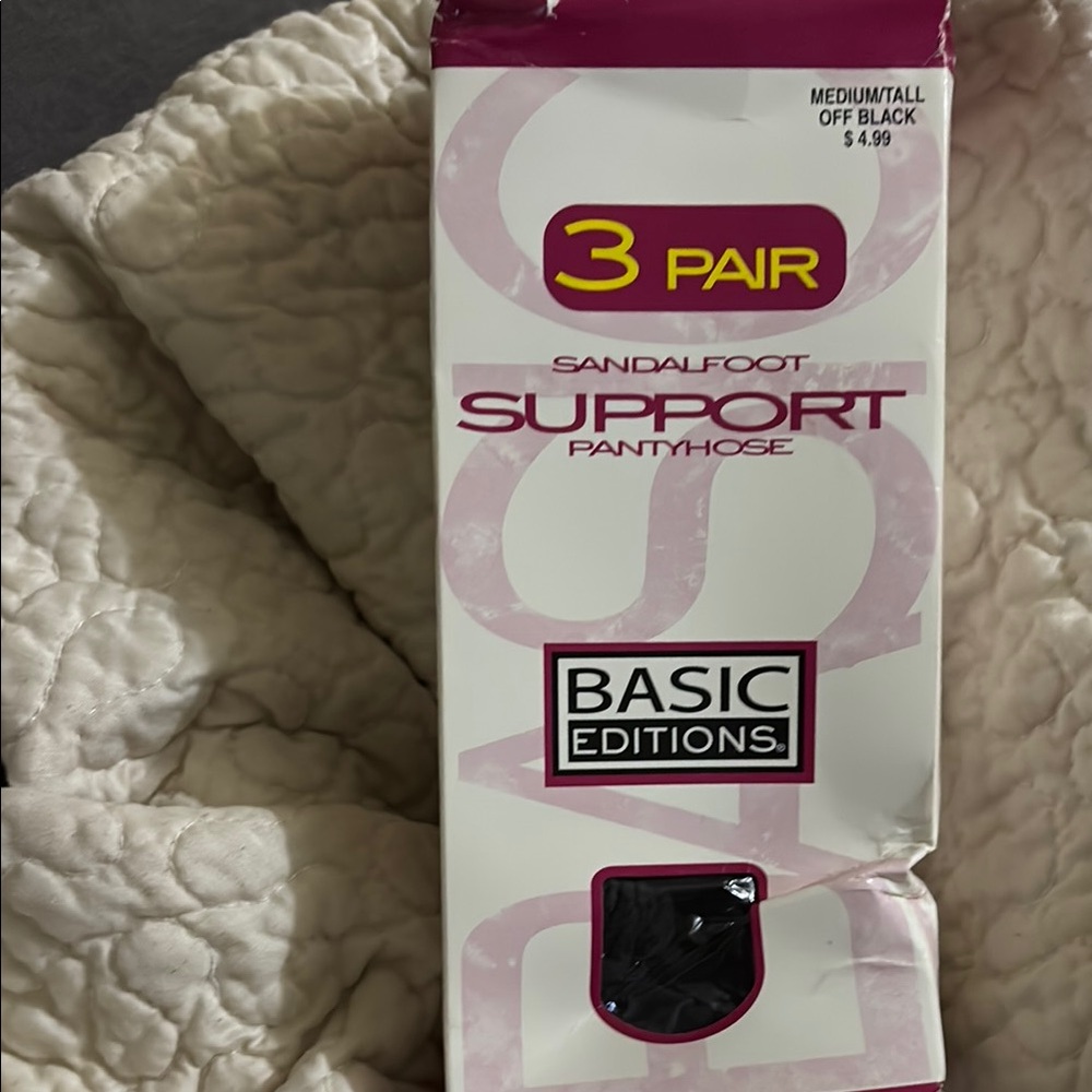 Vintage Basic Editions Off Black Sandalfoot Support Pantyhose 3 Pair